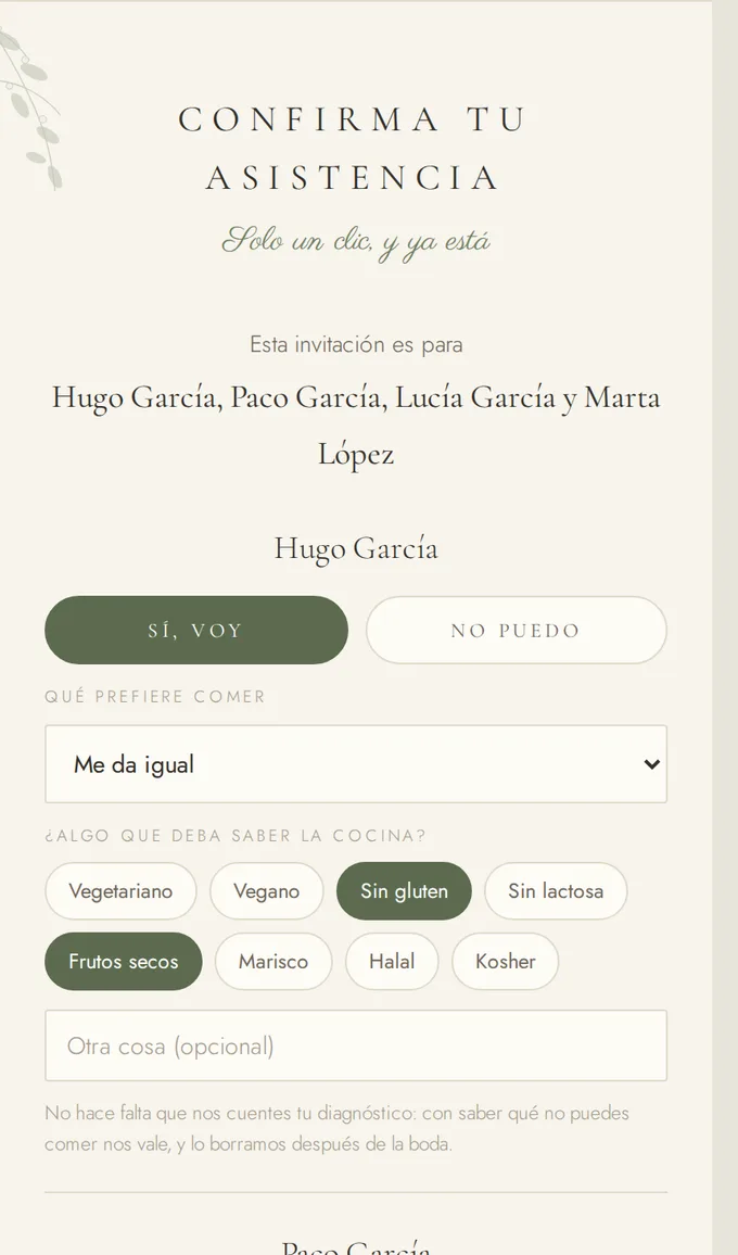 La pantalla de confirmación, con una fila por invitado: botones de sí voy y no puedo, elección de plato y alergias.